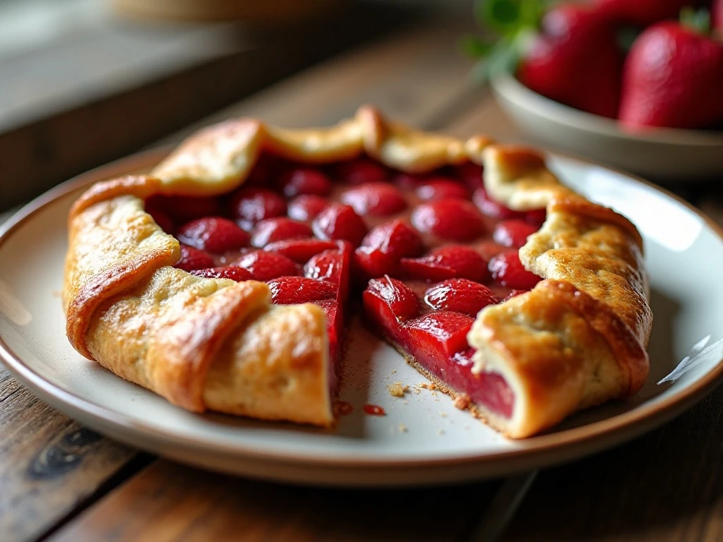 Rustic strawberry rhubarb galette with a golden crust and bubbling fruit filling