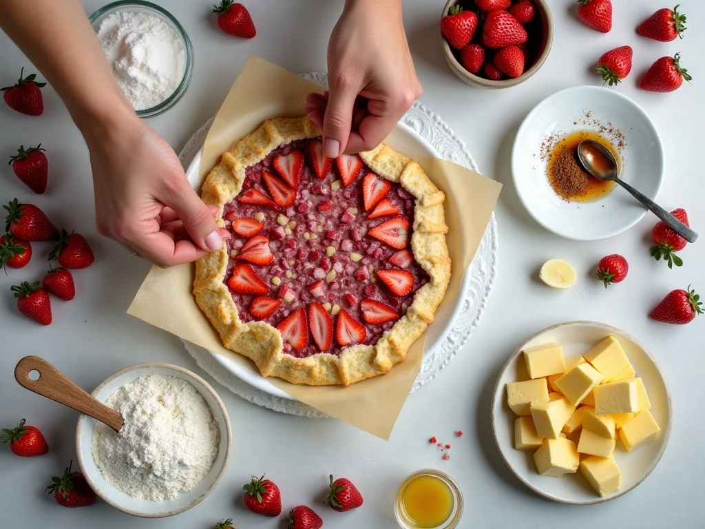 Ingredients for strawberry rhubarb galette arranged on a kitchen counter