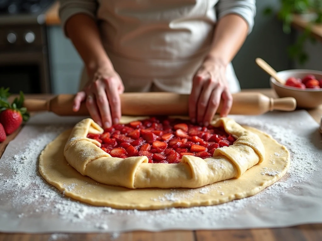 Rolling pastry dough for a strawberry rhubarb galette