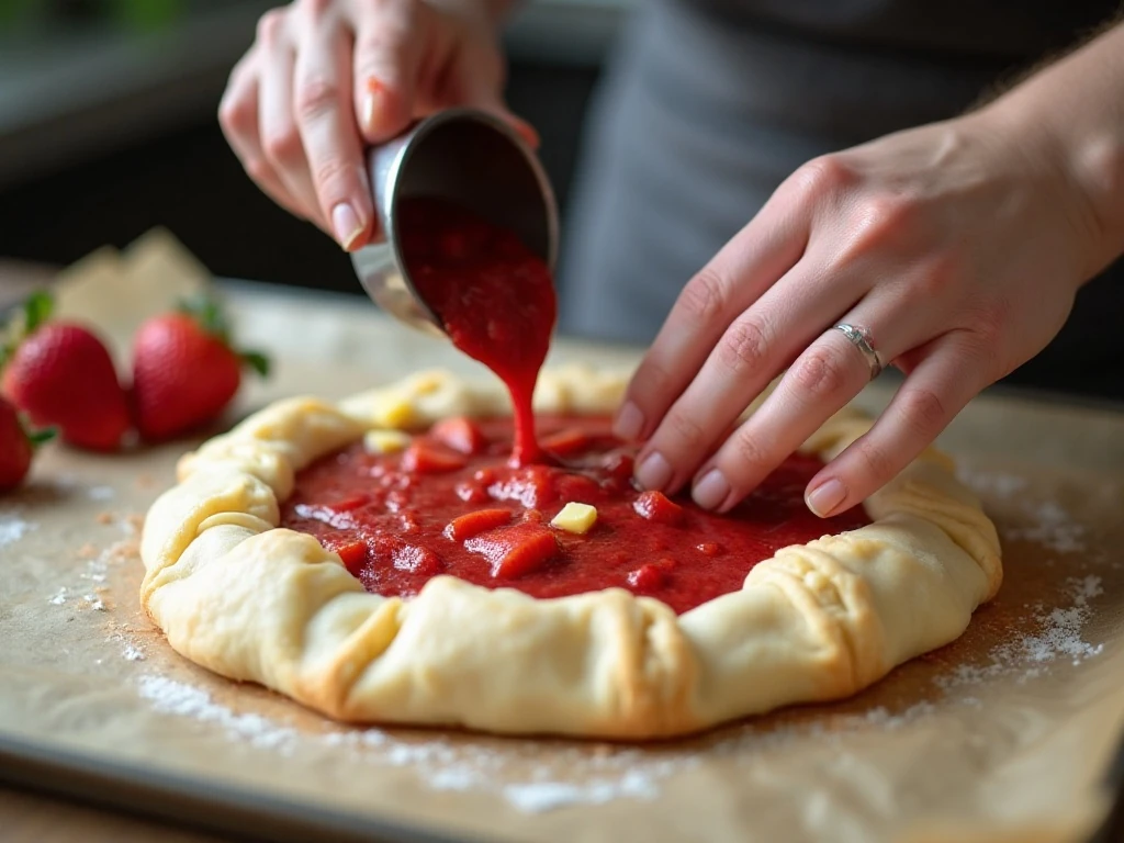Adding strawberry rhubarb filling to the center of galette dough