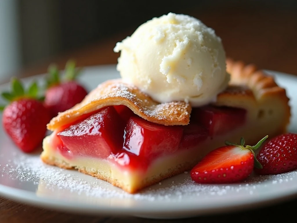 Slice of strawberry rhubarb galette served with vanilla ice cream