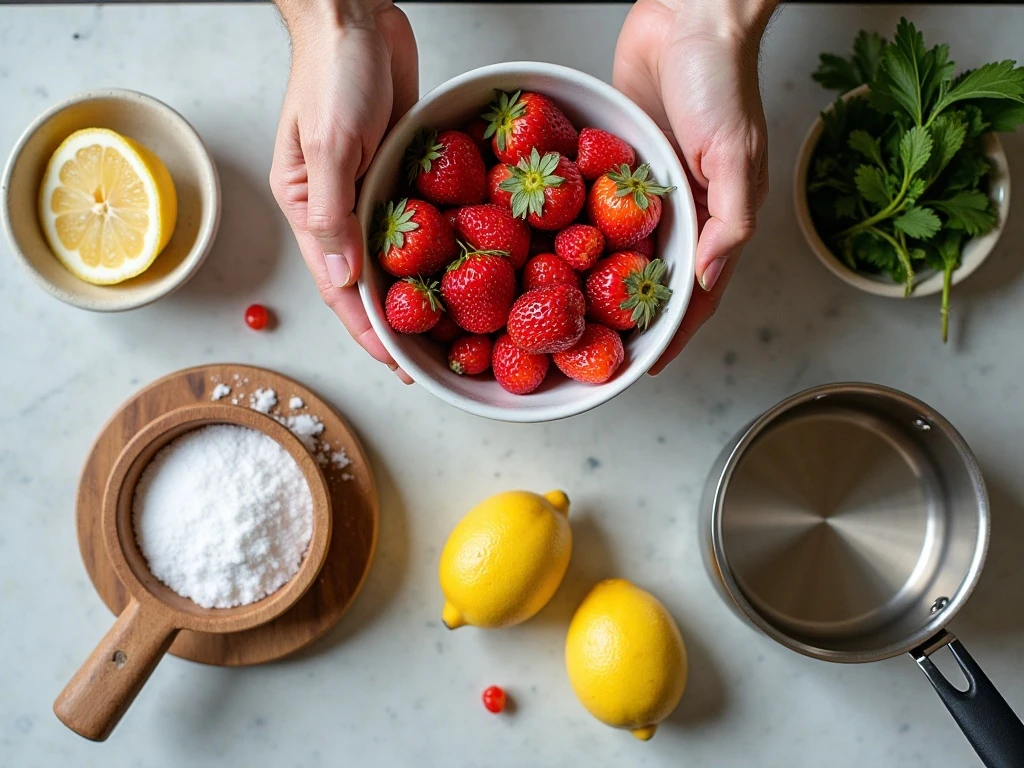Fresh strawberries, rhubarb, sugar, lemon, and saucepan for homemade jam