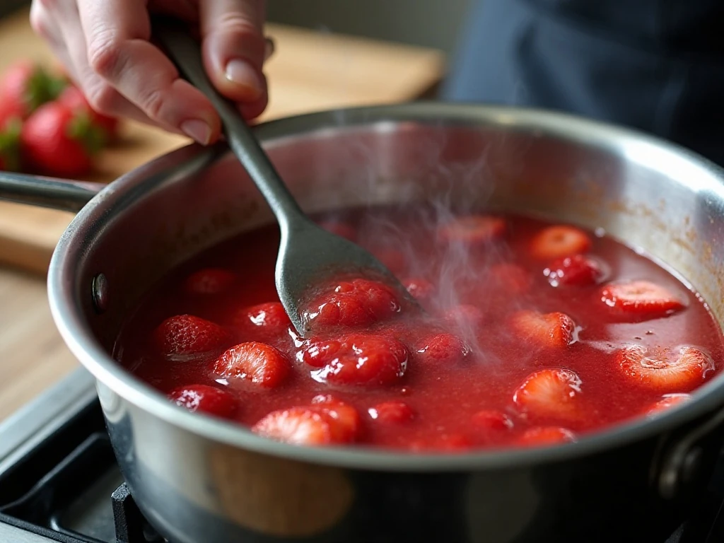 Strawberry rhubarb jam simmering in a wide saucepan