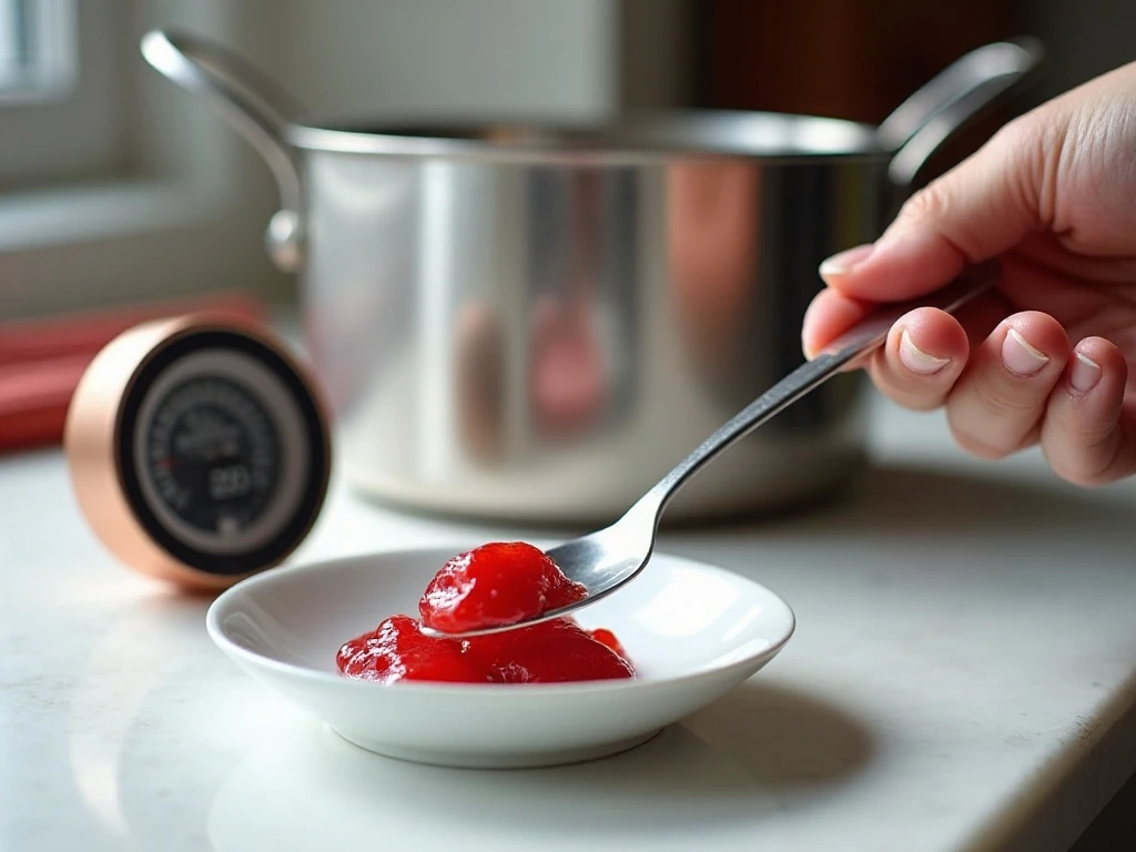 Testing strawberry rhubarb jam on a chilled plate for the proper set