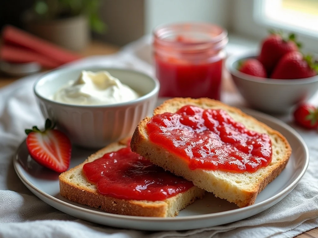 Strawberry rhubarb jam served with toast, biscuits, and yogurt