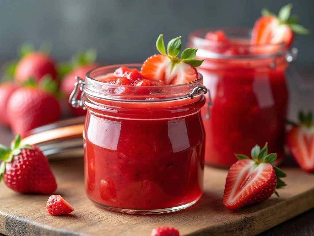 Small jars of homemade strawberry rhubarb jam ready for refrigeration