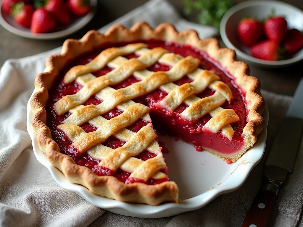 Homemade strawberry rhubarb pie with a golden lattice crust