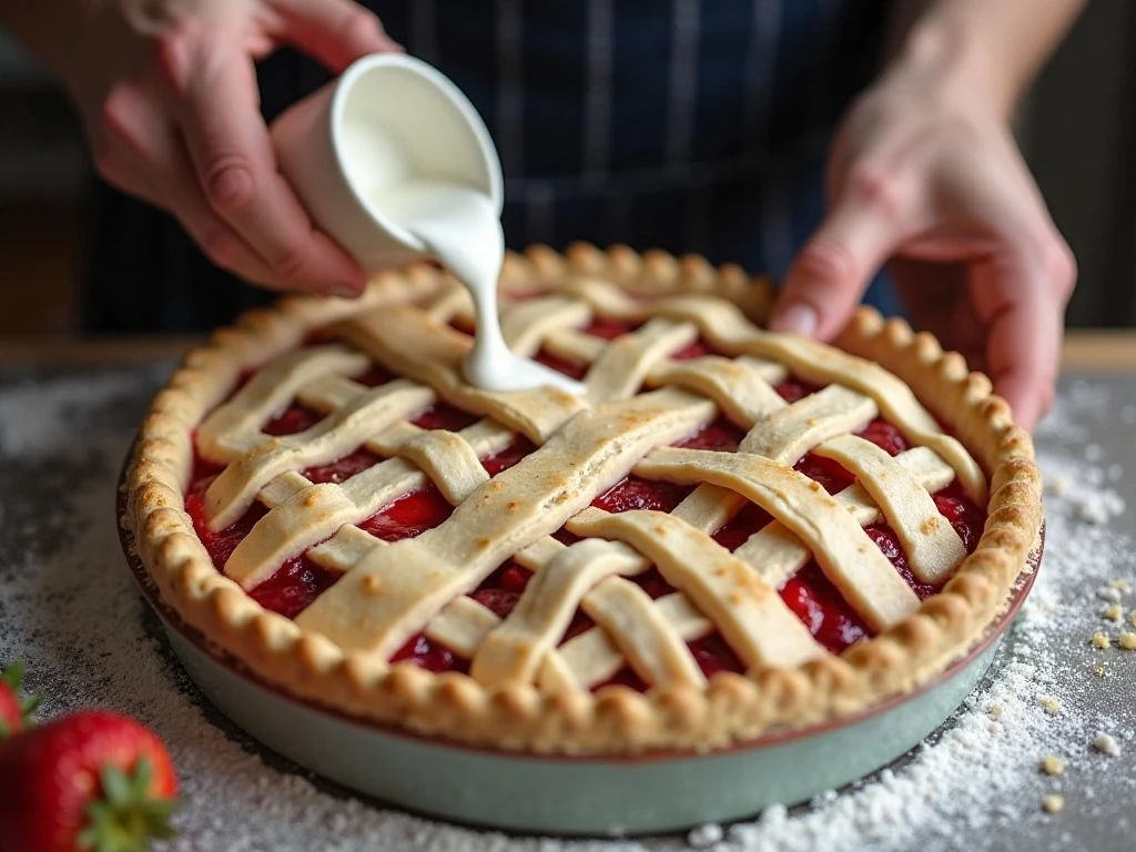 Preparing the lattice crust for strawberry rhubarb pie