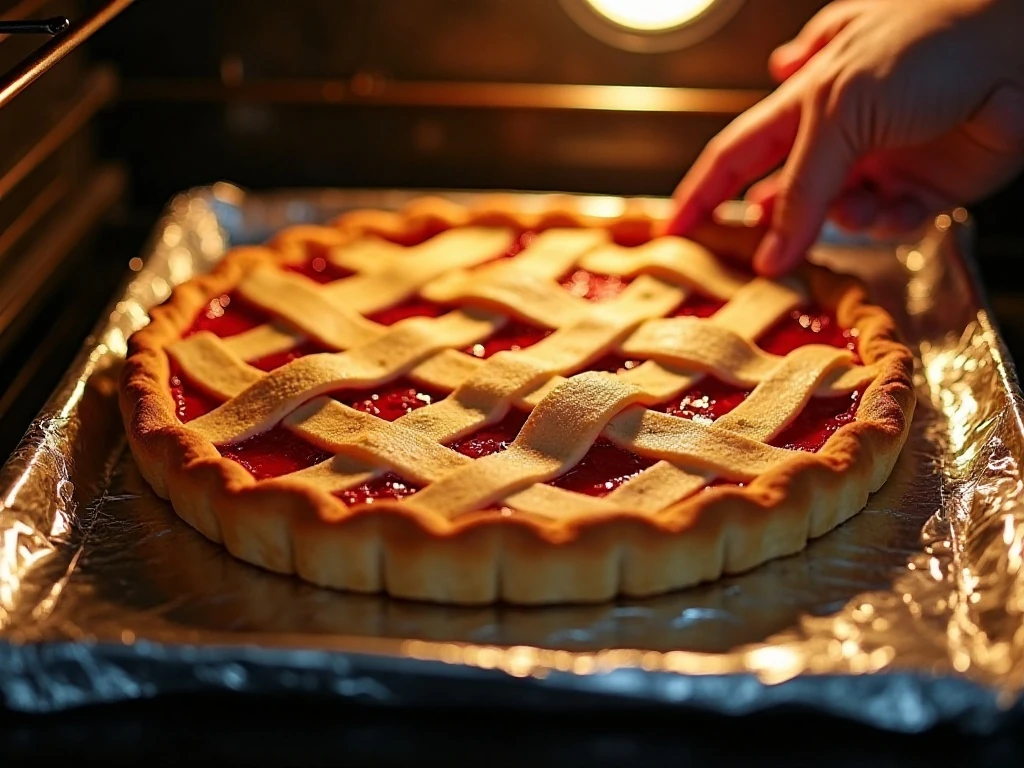 Strawberry rhubarb pie baking on a foil-lined sheet