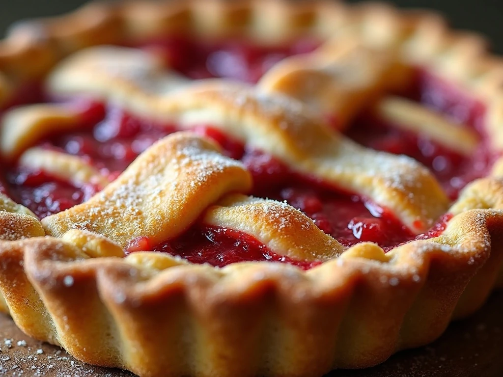 Close-up of flaky crust and strawberry rhubarb filling