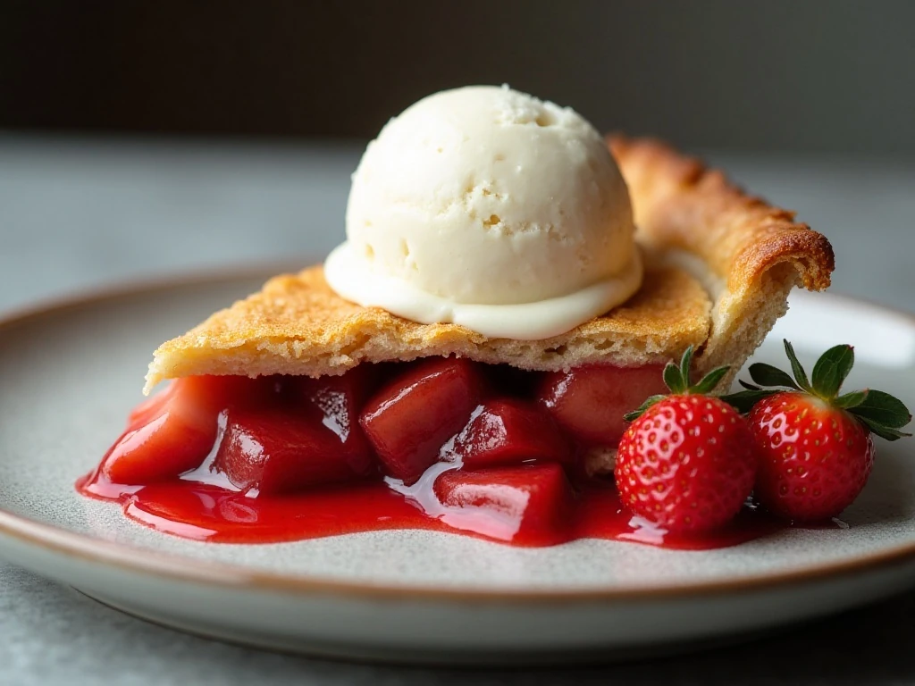 Slice of strawberry rhubarb pie served with vanilla ice cream