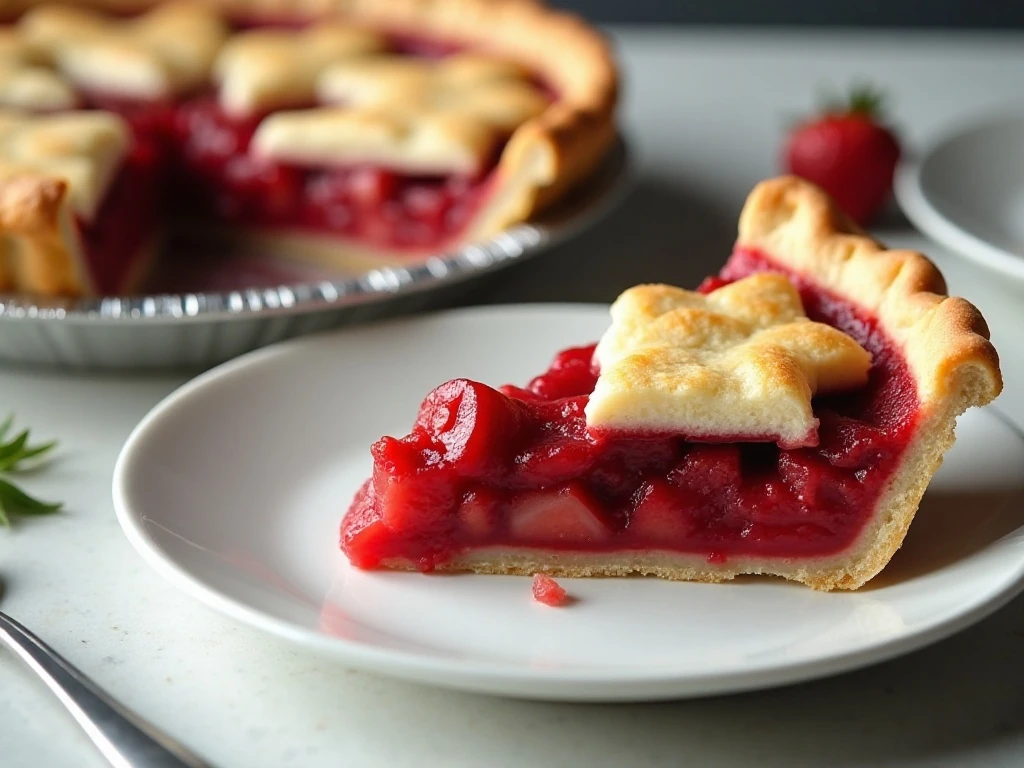 Slice of homemade strawberry rhubarb pie with golden flaky crust
