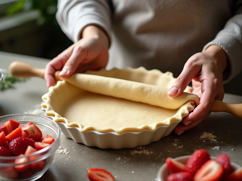 Preparing pastry and strawberry rhubarb filling for pie