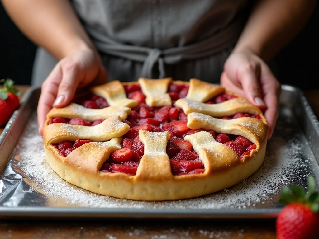 Unbaked strawberry rhubarb pie with vented crust on baking sheet