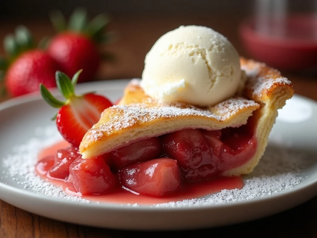 Strawberry rhubarb pie served with vanilla ice cream