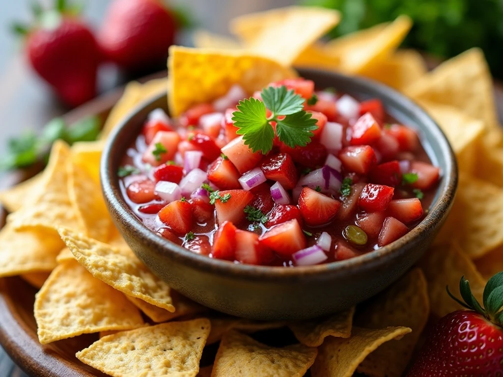 Colorful fresh strawberry salsa served with tortilla chips