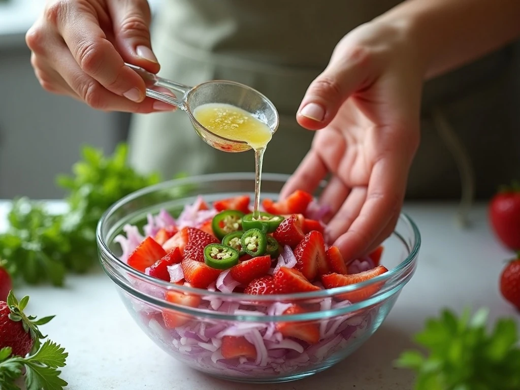 Fresh strawberry salsa ingredients being gently mixed in a bowl