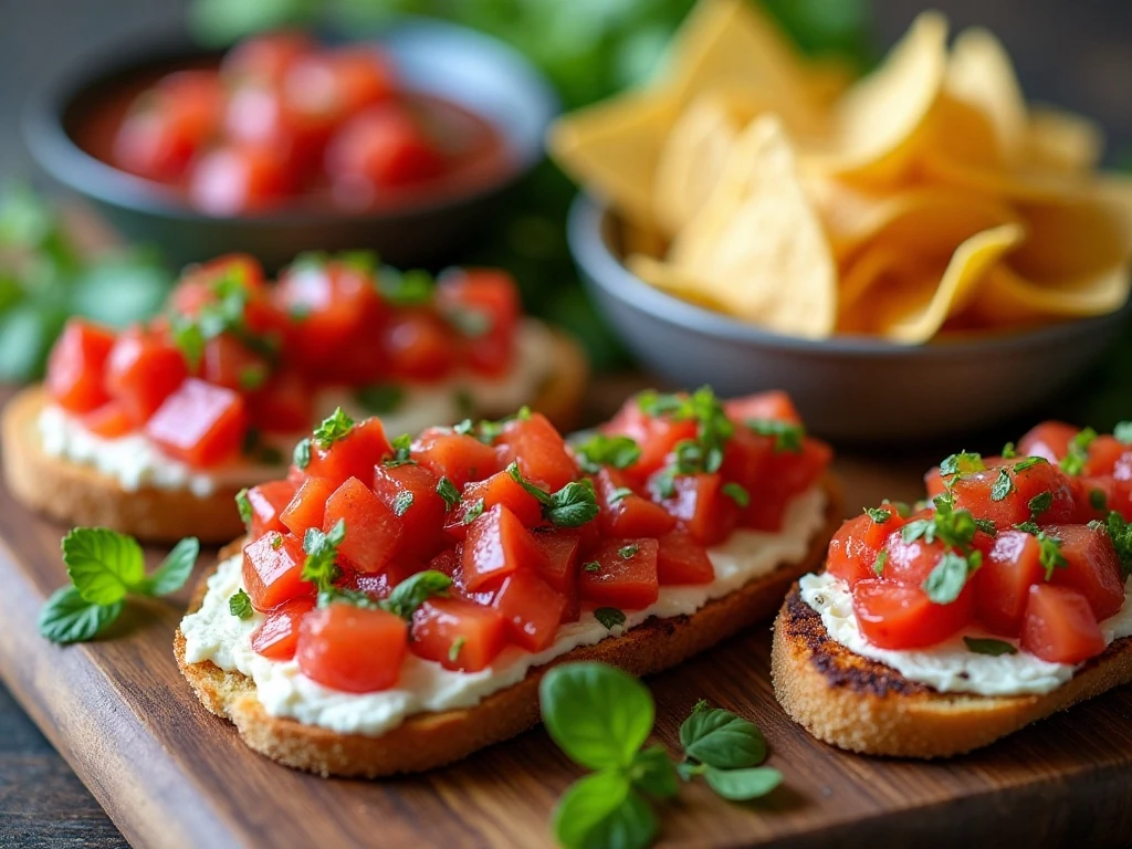 Strawberry salsa served with chips, crostini, and grilled chicken