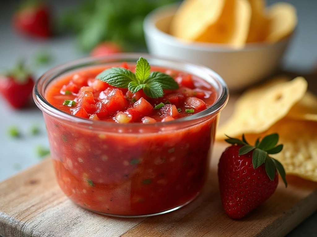Strawberry salsa prepared for serving and refrigerator storage