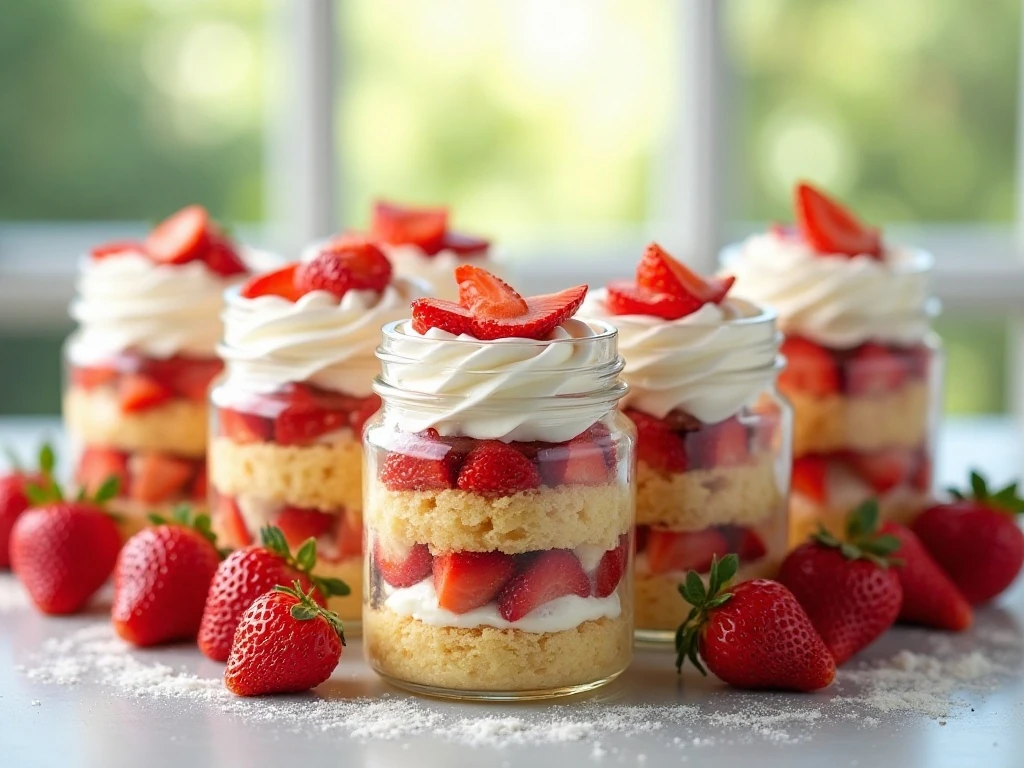 Six individual strawberry shortcake desserts layered in clear jars