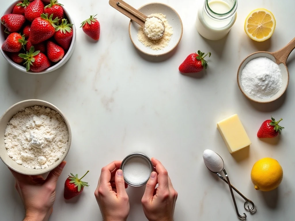 Ingredients for strawberry shortcake in a jar