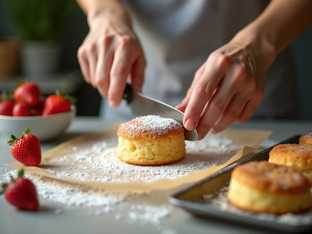 Cutting homemade shortcake into pieces for dessert jars
