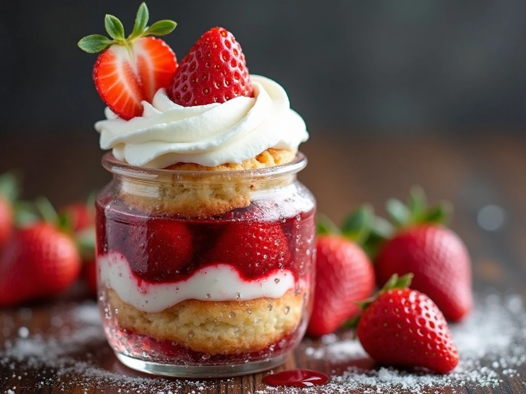 Close-up strawberry shortcake jar with whipped cream and strawberry garnish