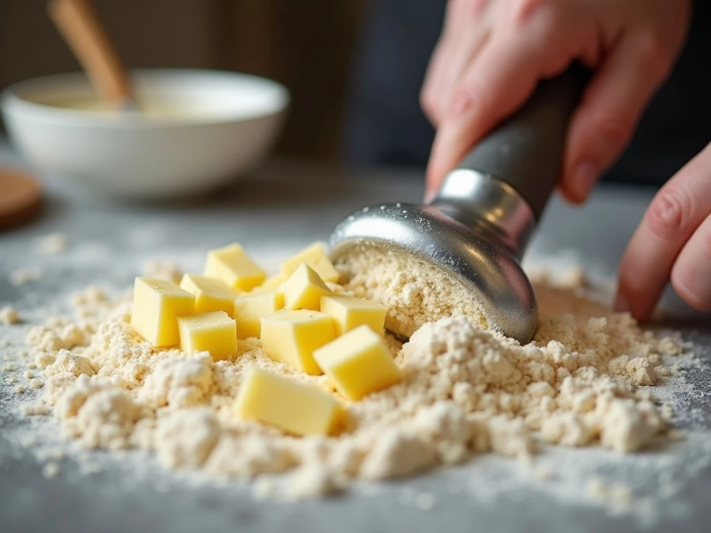 Cutting cold butter into flour for tender scones