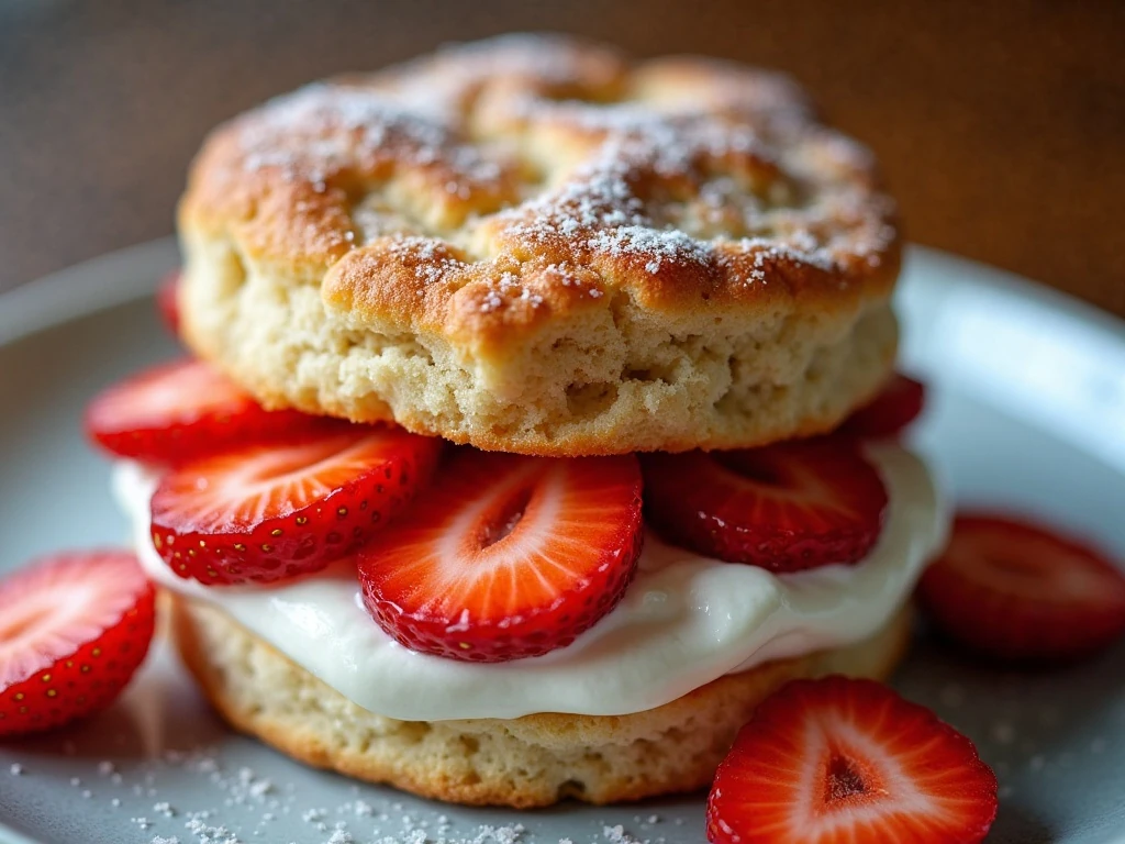 Close-up of strawberries and whipped cream on a scone