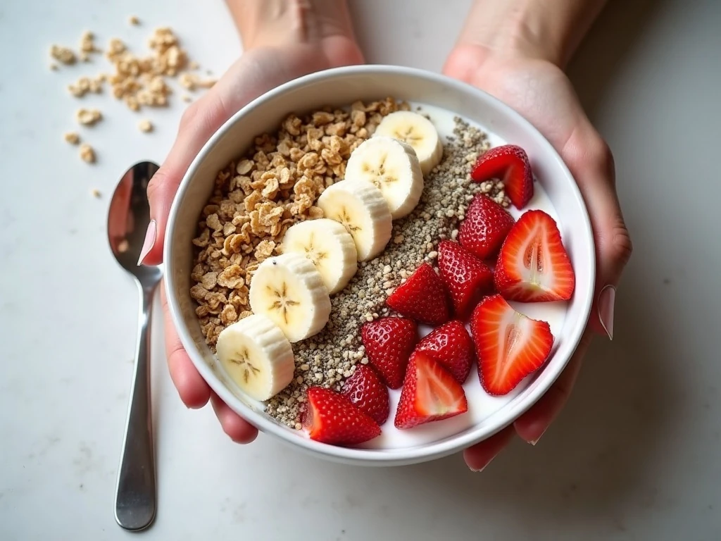 Ingredients for an easy strawberry smoothie bowl arranged in a flat lay