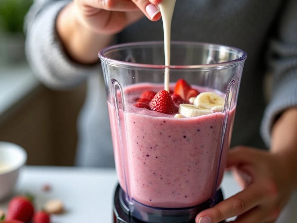 Frozen strawberries and banana blending into a thick smoothie bowl base