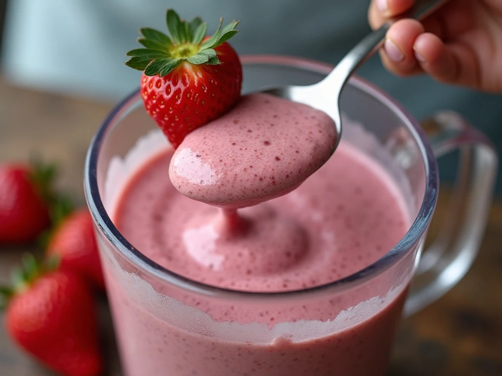 Thick spoonable strawberry smoothie bowl texture after blending