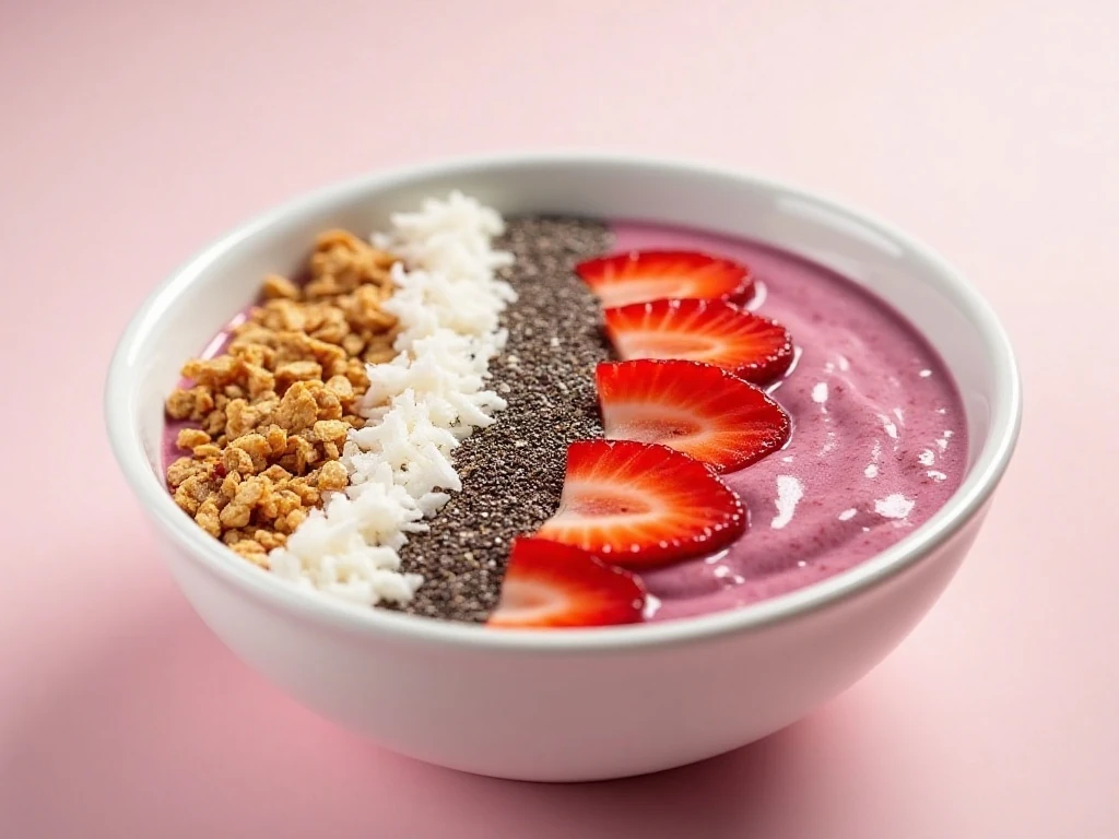 Finished easy strawberry smoothie bowl with colorful toppings