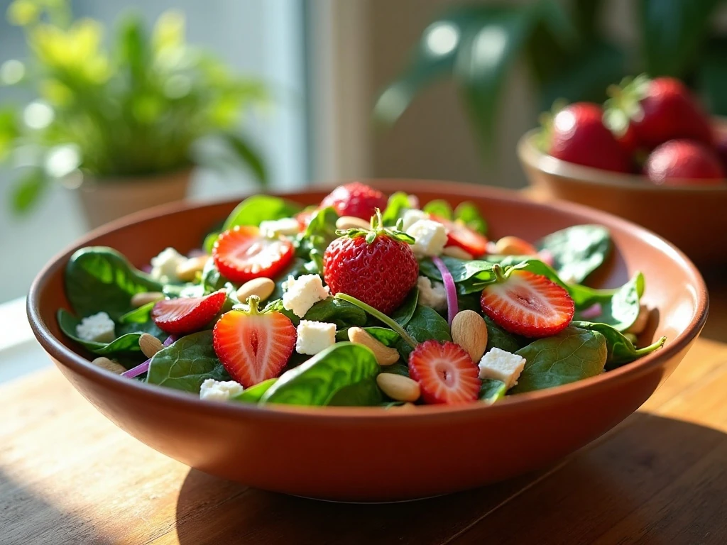 Fresh strawberry spinach salad with feta, almonds, and poppy seed dressing