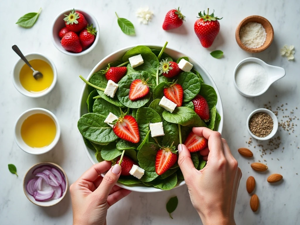 Ingredients for strawberry spinach salad and homemade poppy seed dressing