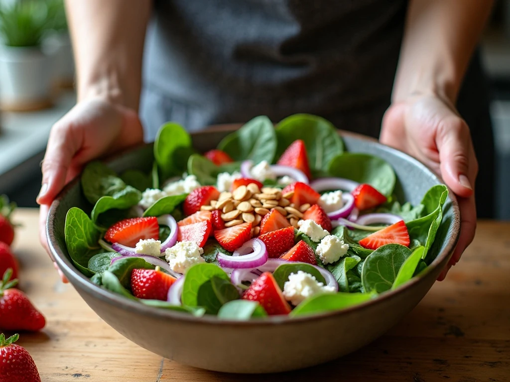 Preparing spinach, strawberries, almonds, onion, and feta for salad