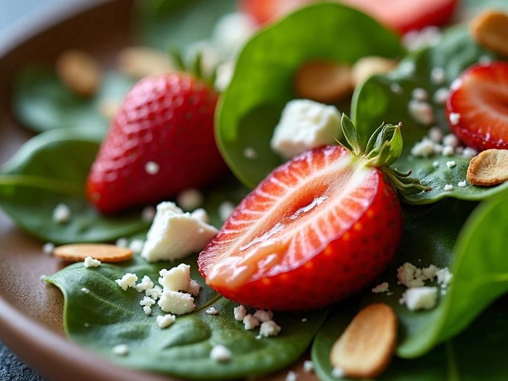 Close-up of poppy seed dressing coating fresh strawberry spinach salad