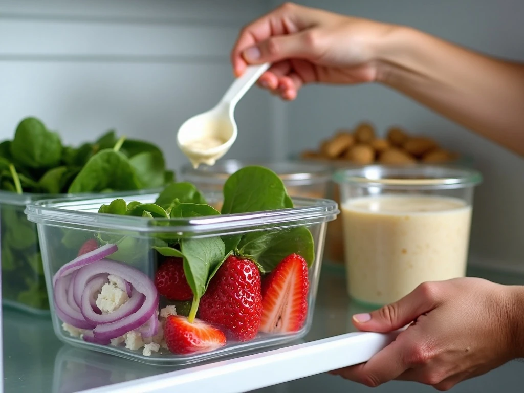 Separate salad ingredients and poppy seed dressing for make-ahead preparation