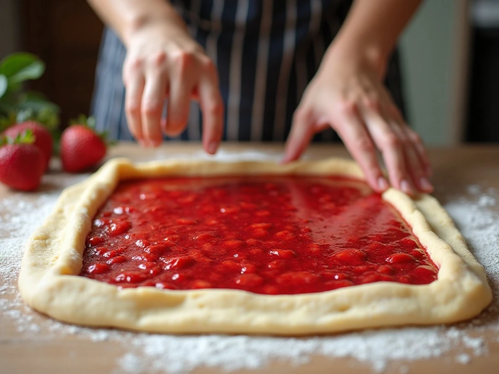 Spreading cooled strawberry filling over sweet roll dough