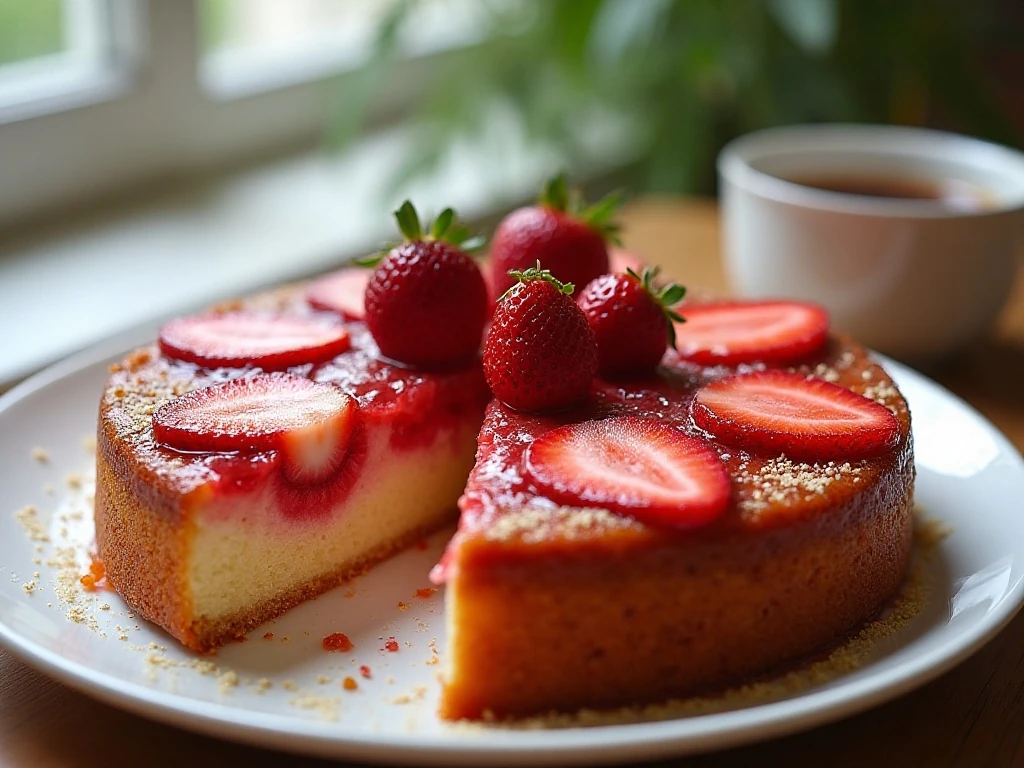 Whole strawberry upside-down cake with one slice showing the pink interior