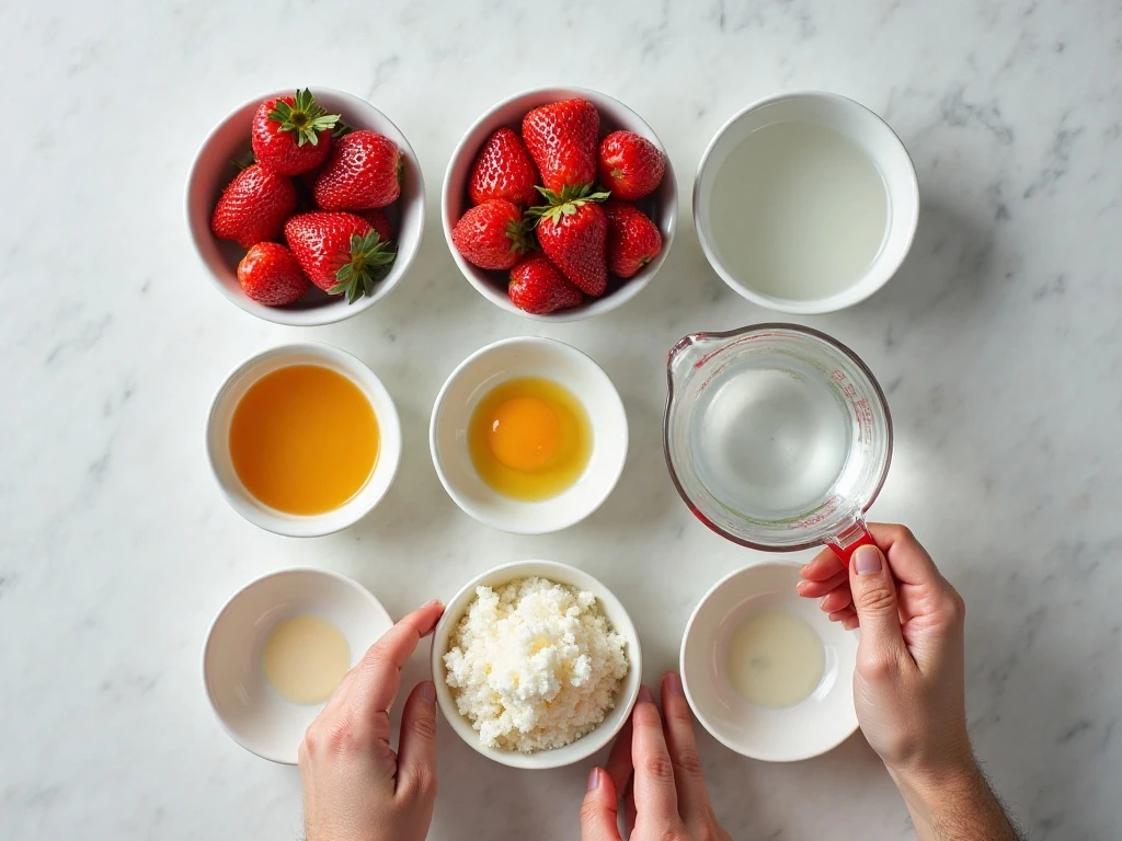 Ingredients for strawberry upside-down cake arranged on a counter