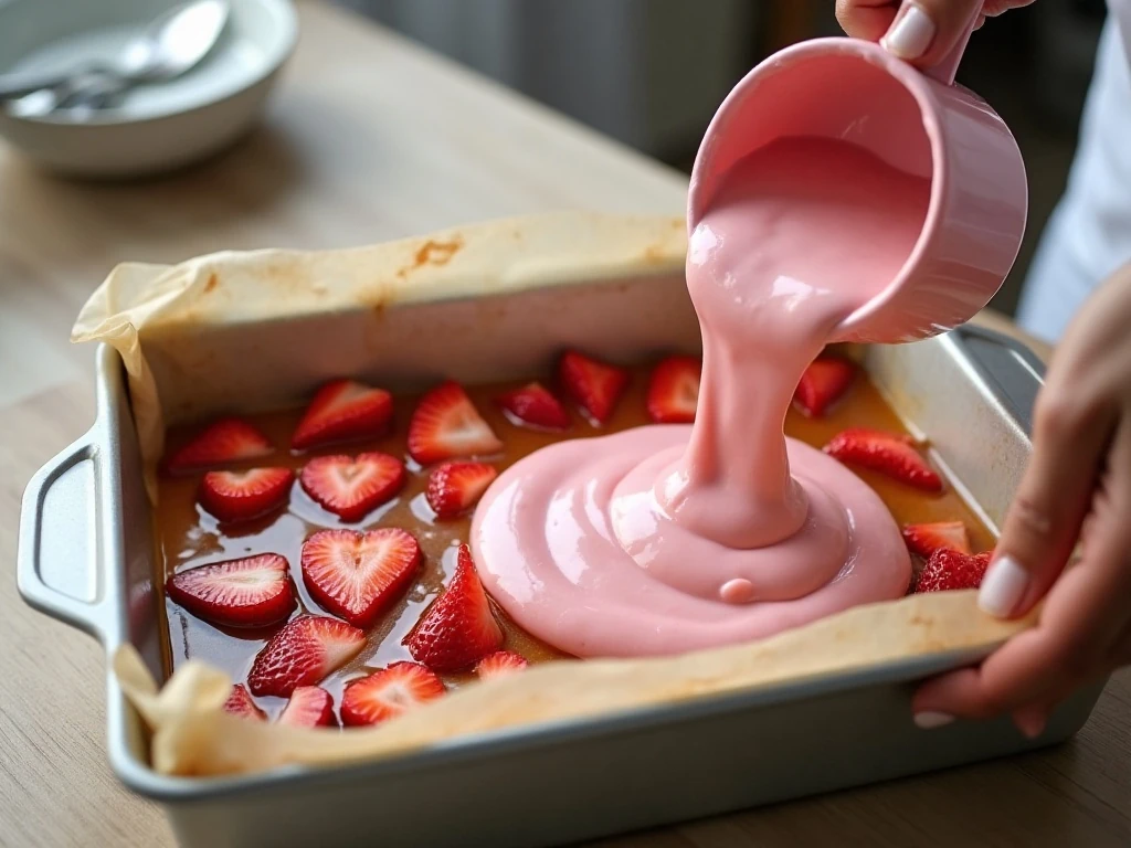 Cake batter being poured over strawberries in a baking pan