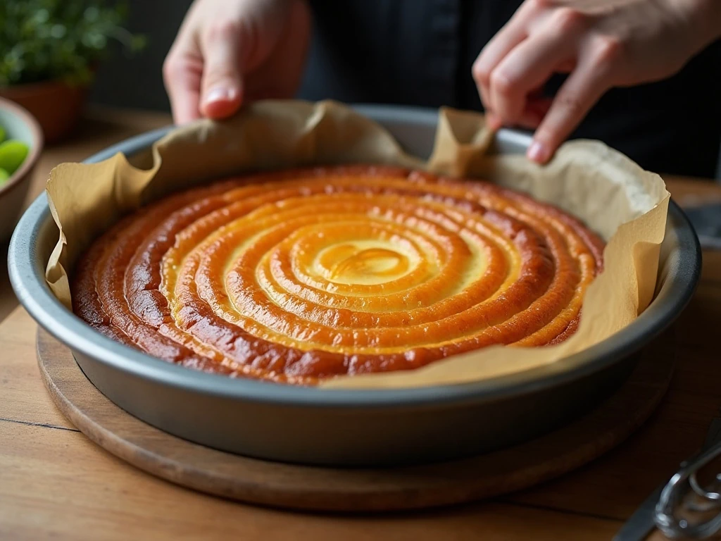 Prepared baking pan and platter for unmolding strawberry upside-down cake
