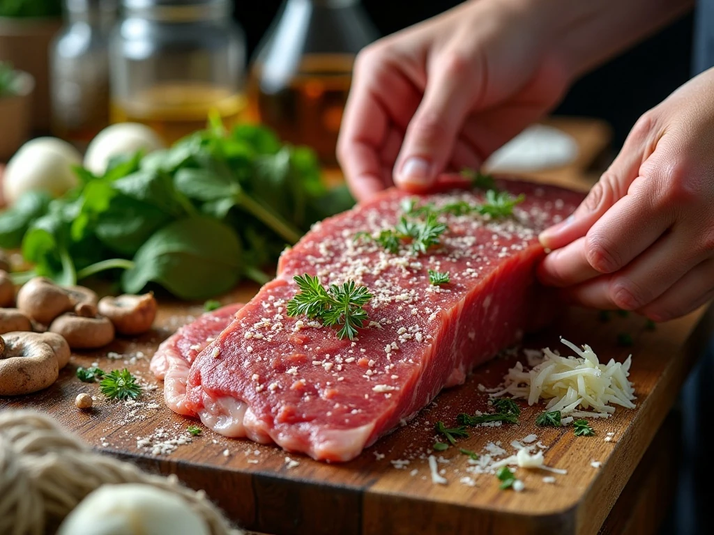 Ingredients for stuffed baked flank steak arranged on a kitchen counter