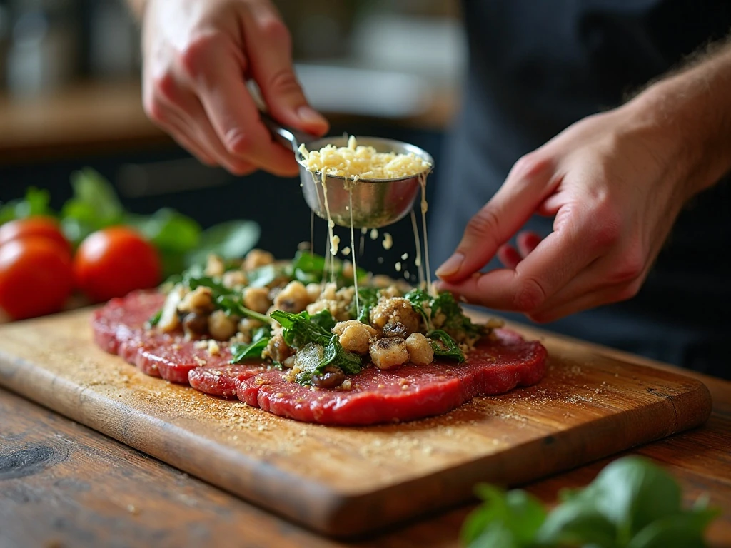Stuffing flattened flank steak with vegetables and cheese
