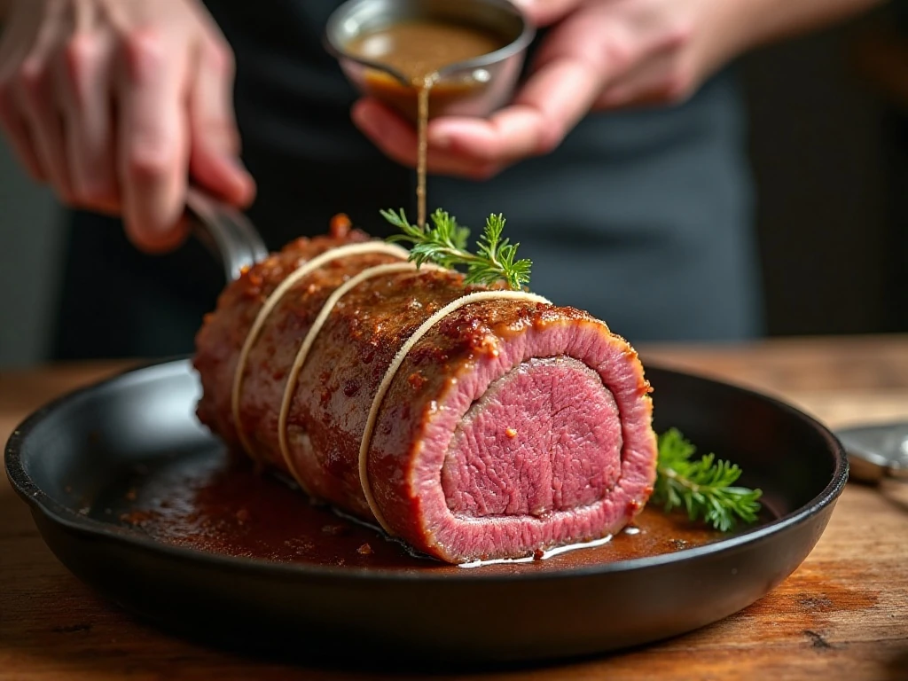 Rolled stuffed steak secured with kitchen twine before baking