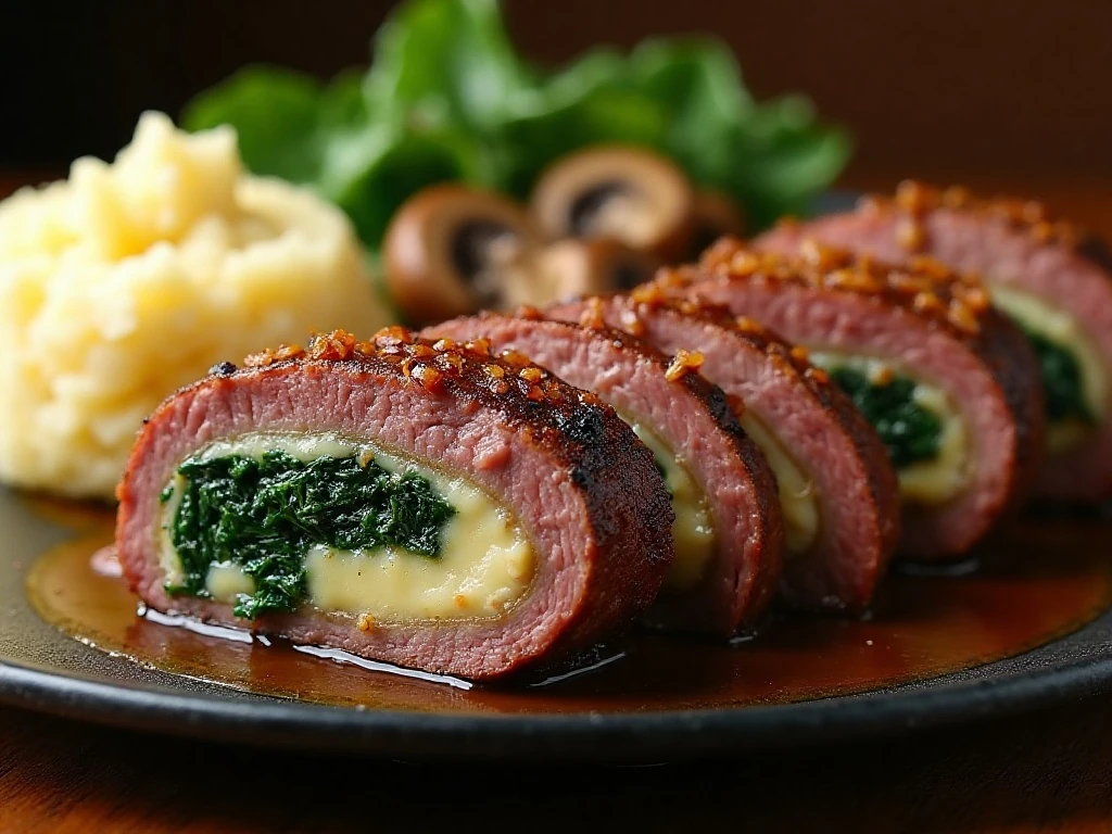 Sliced stuffed baked steak served with mashed potatoes and roasted vegetables