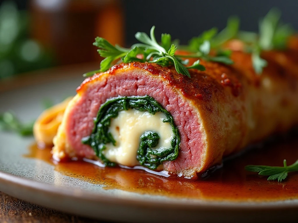 Close-up slice of stuffed steak showing the cheesy vegetable filling