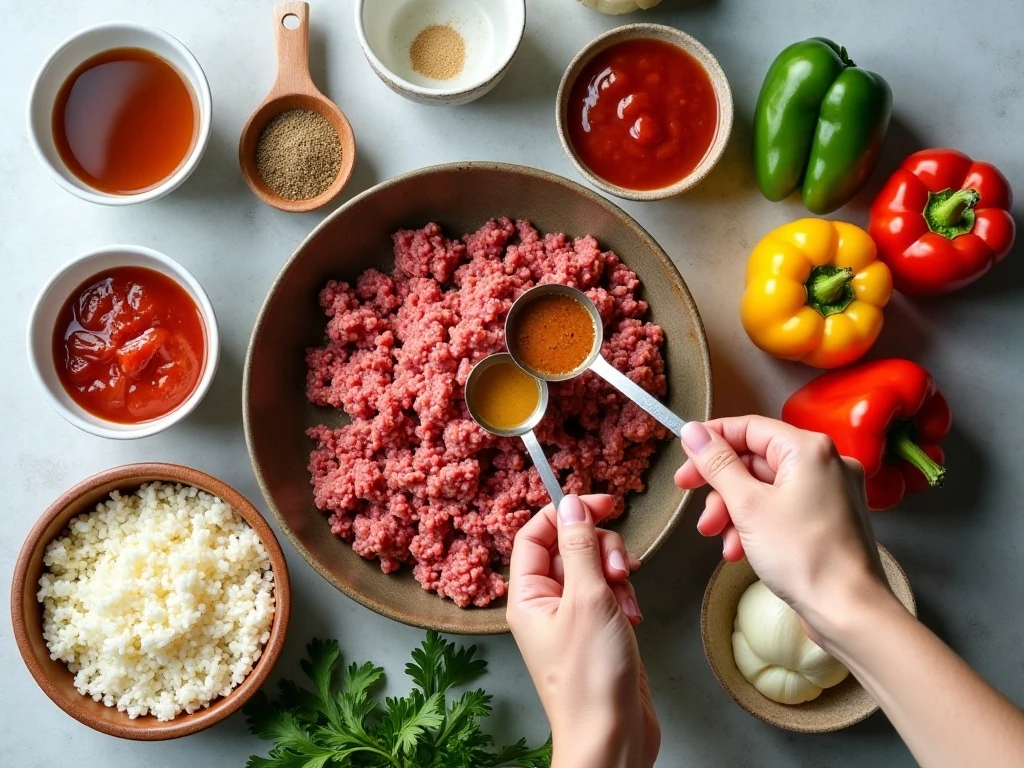 Ingredients for stuffed bell pepper soup arranged for cooking