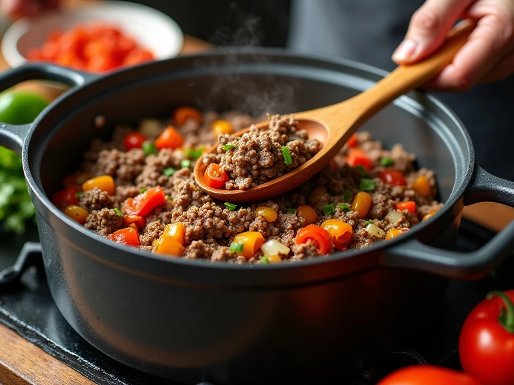 Ground beef, onion, and peppers cooking in a Dutch oven